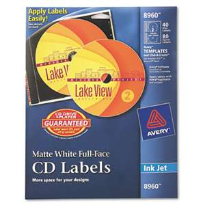 Avery 8960 Inkjet Full-Face CD Labels, Matte White, 40/Pack